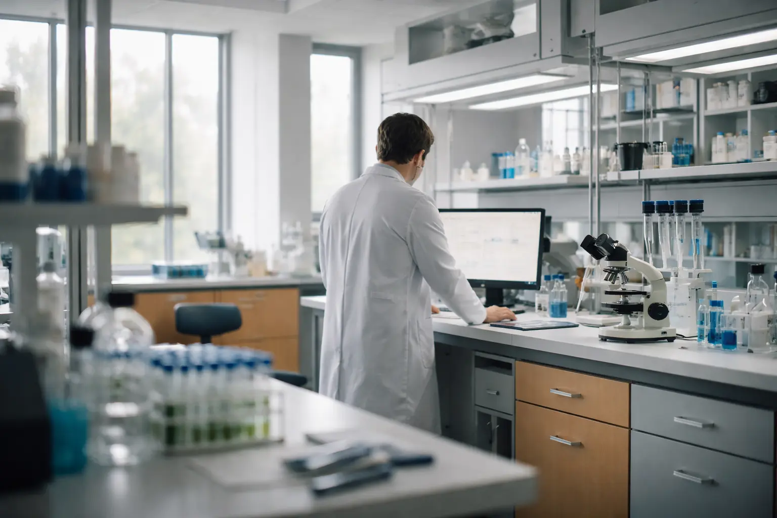 Research laboratory interior with scientist reviewing data