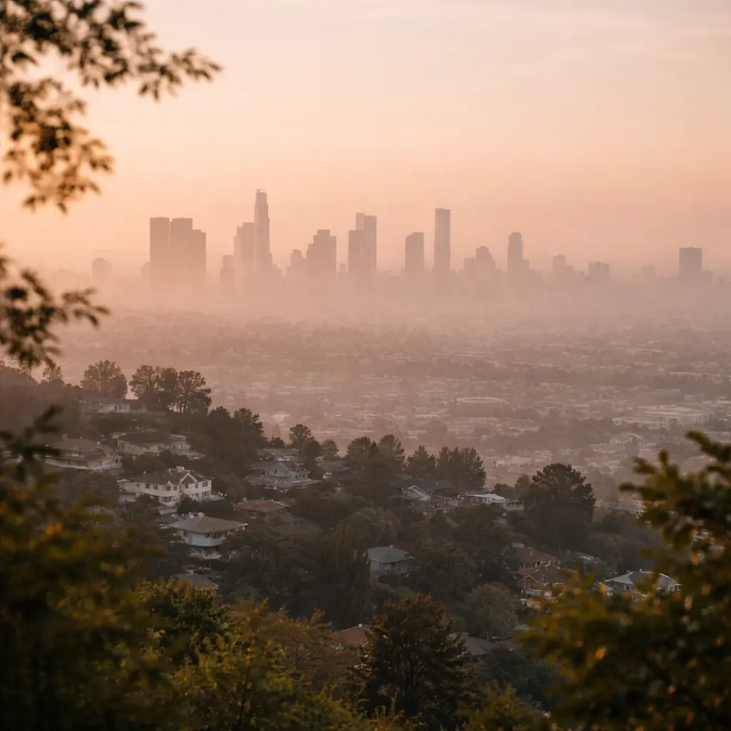 Urban skyline at dawn veiled in atmospheric haze