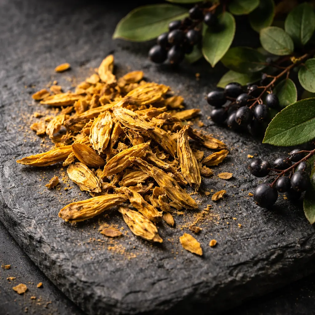 Dried berberine root on slate with barberry branches
