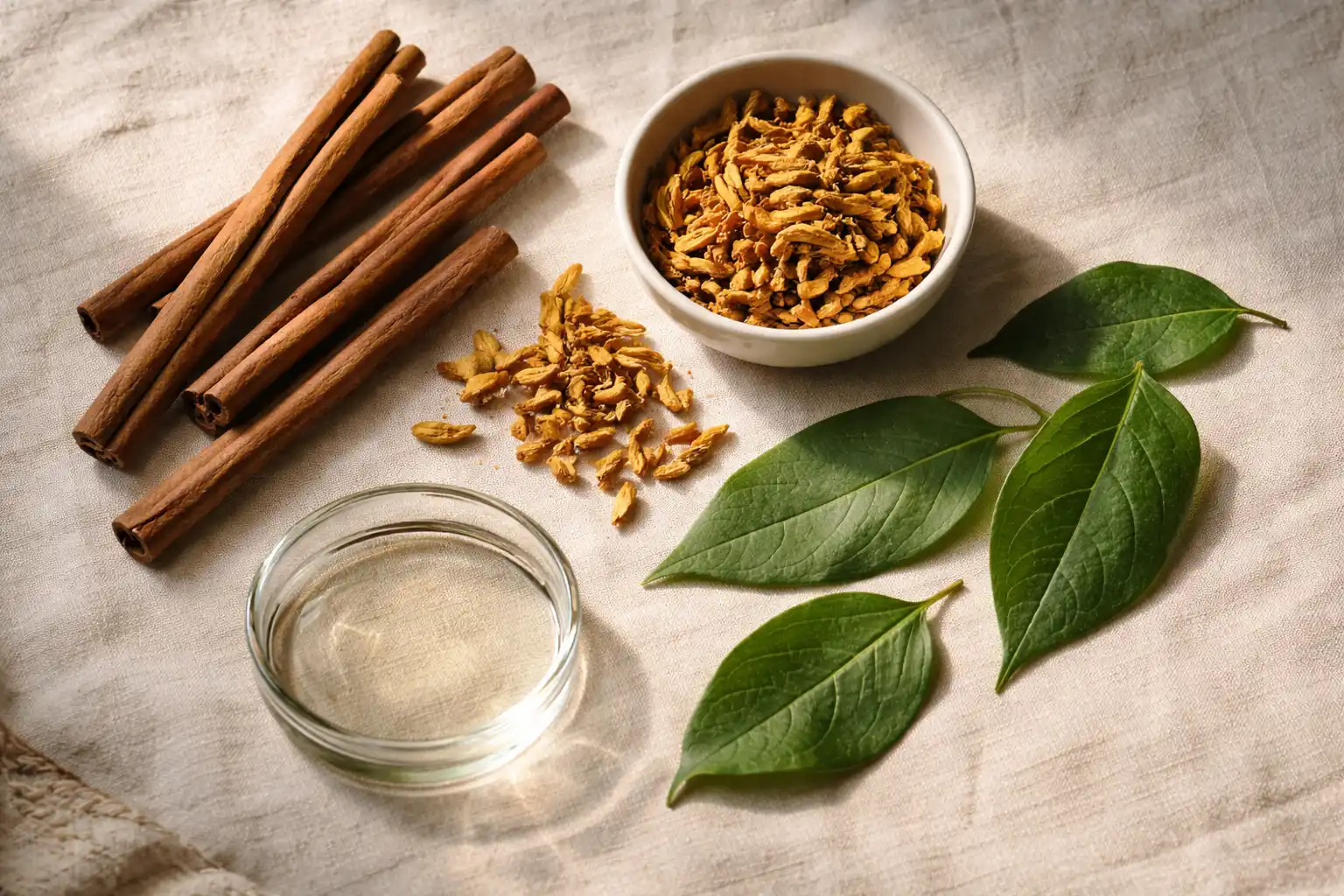 Botanical flat lay of cinnamon bark, berberine root and gymnema leaves