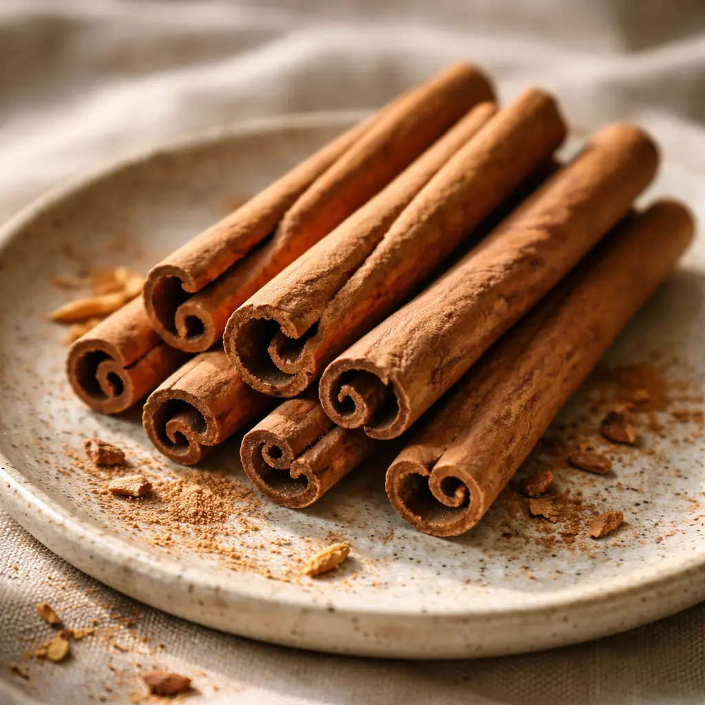 Close-up of cinnamon bark quills in warm light