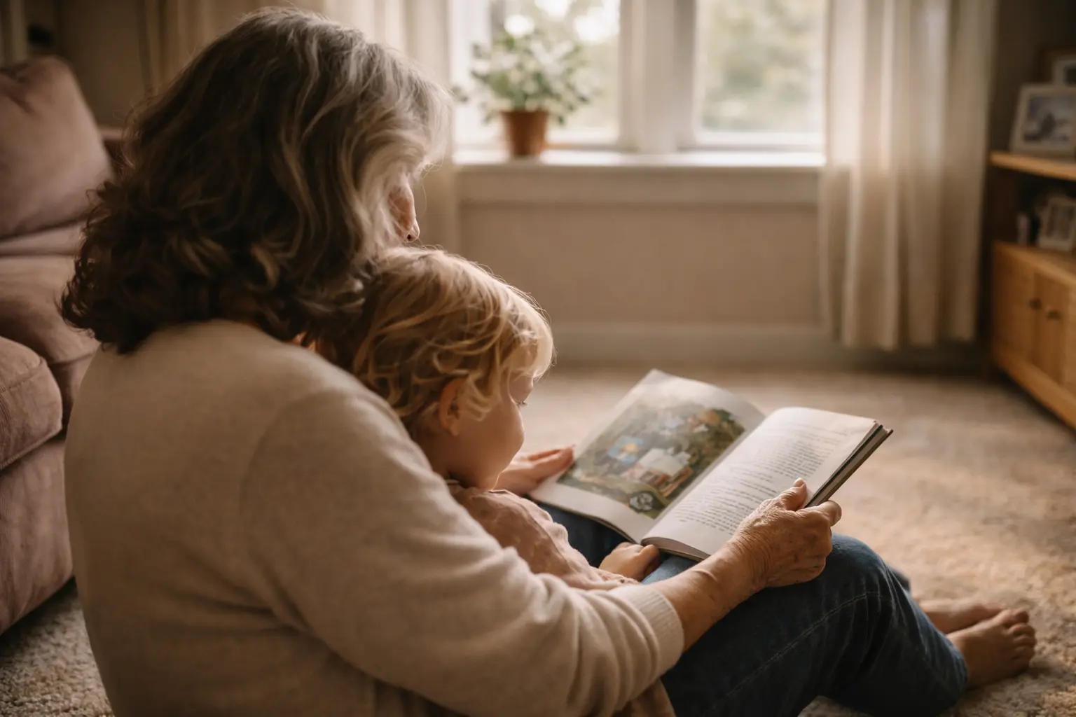 Older woman reading a book with a young grandchild