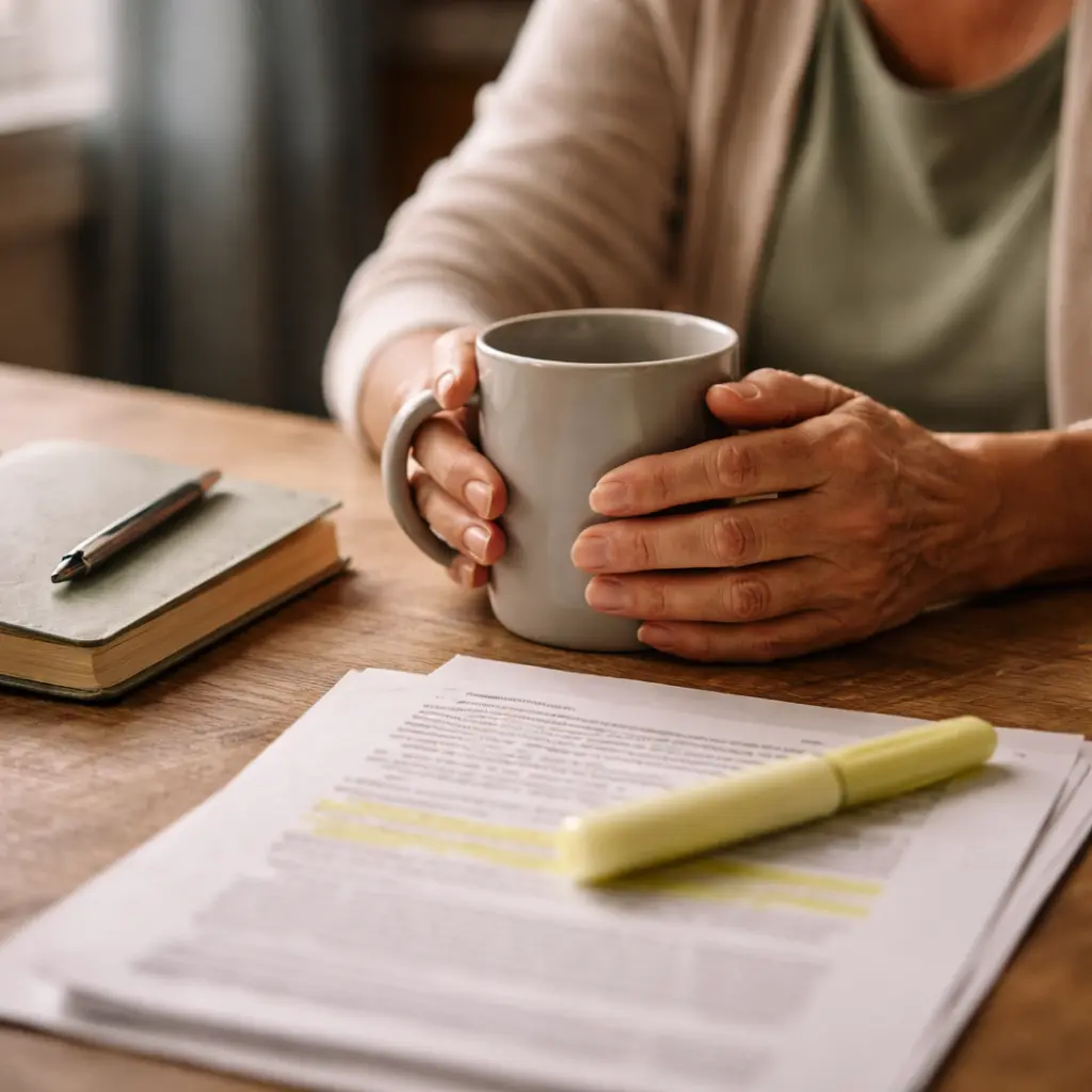 Hands holding a mug beside a notebook and research article