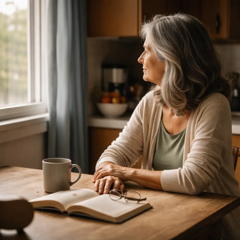 Woman sitting quietly at her kitchen table in afternoon light