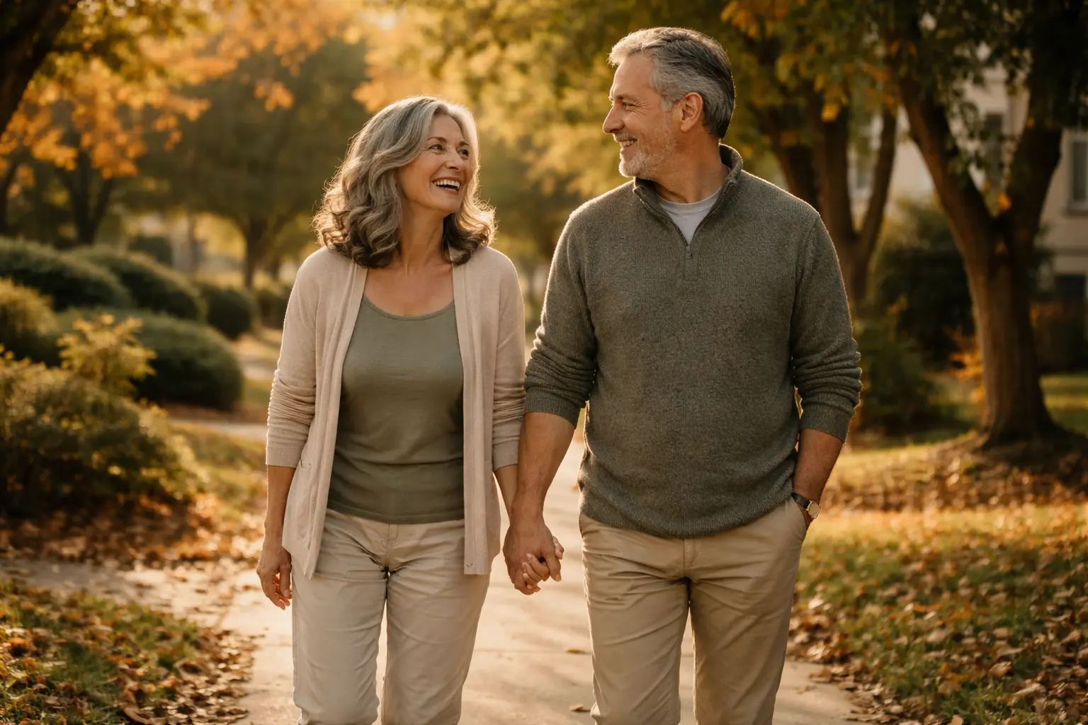 Older couple walking together on a quiet autumn morning