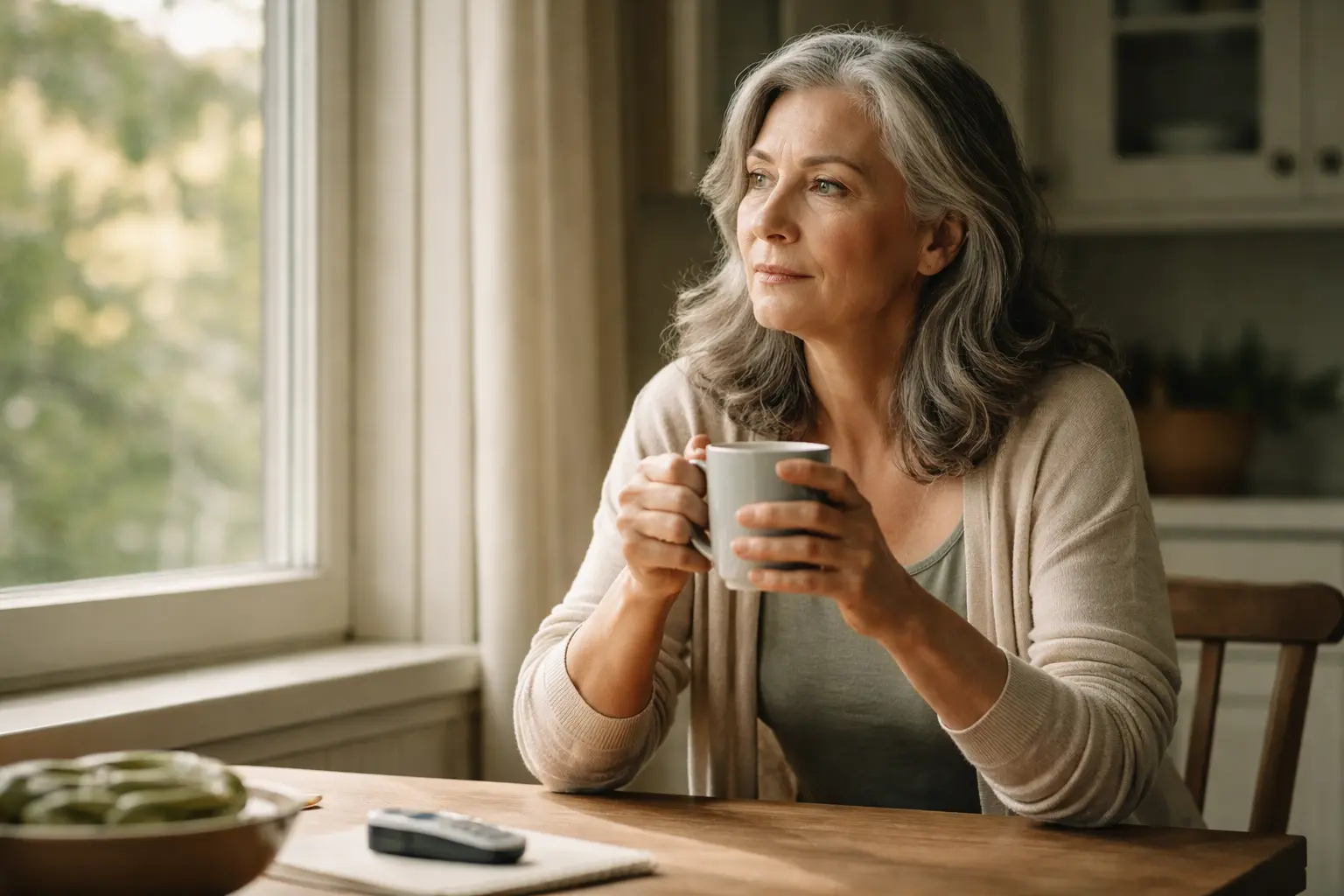 Woman in her 60s reflecting by a sunlit kitchen window