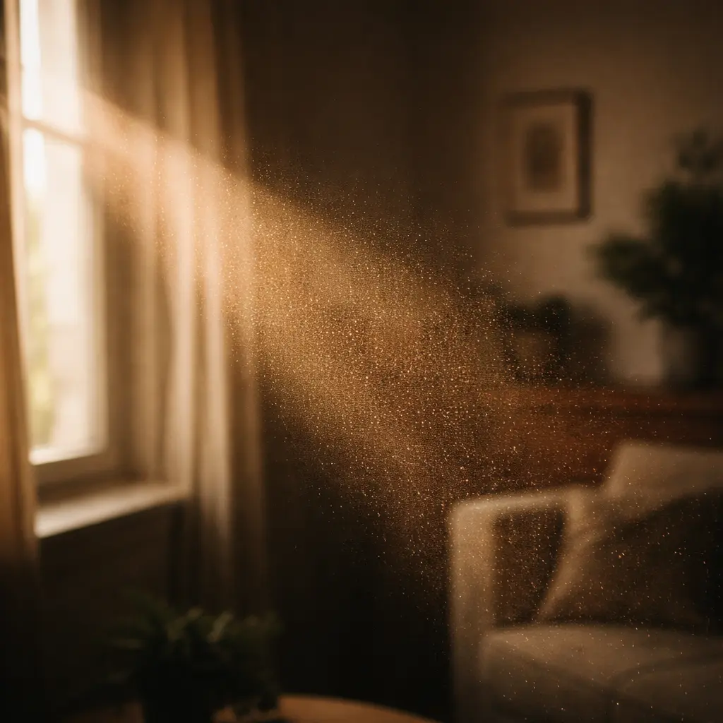 Airborne particles visible in a shaft of morning light